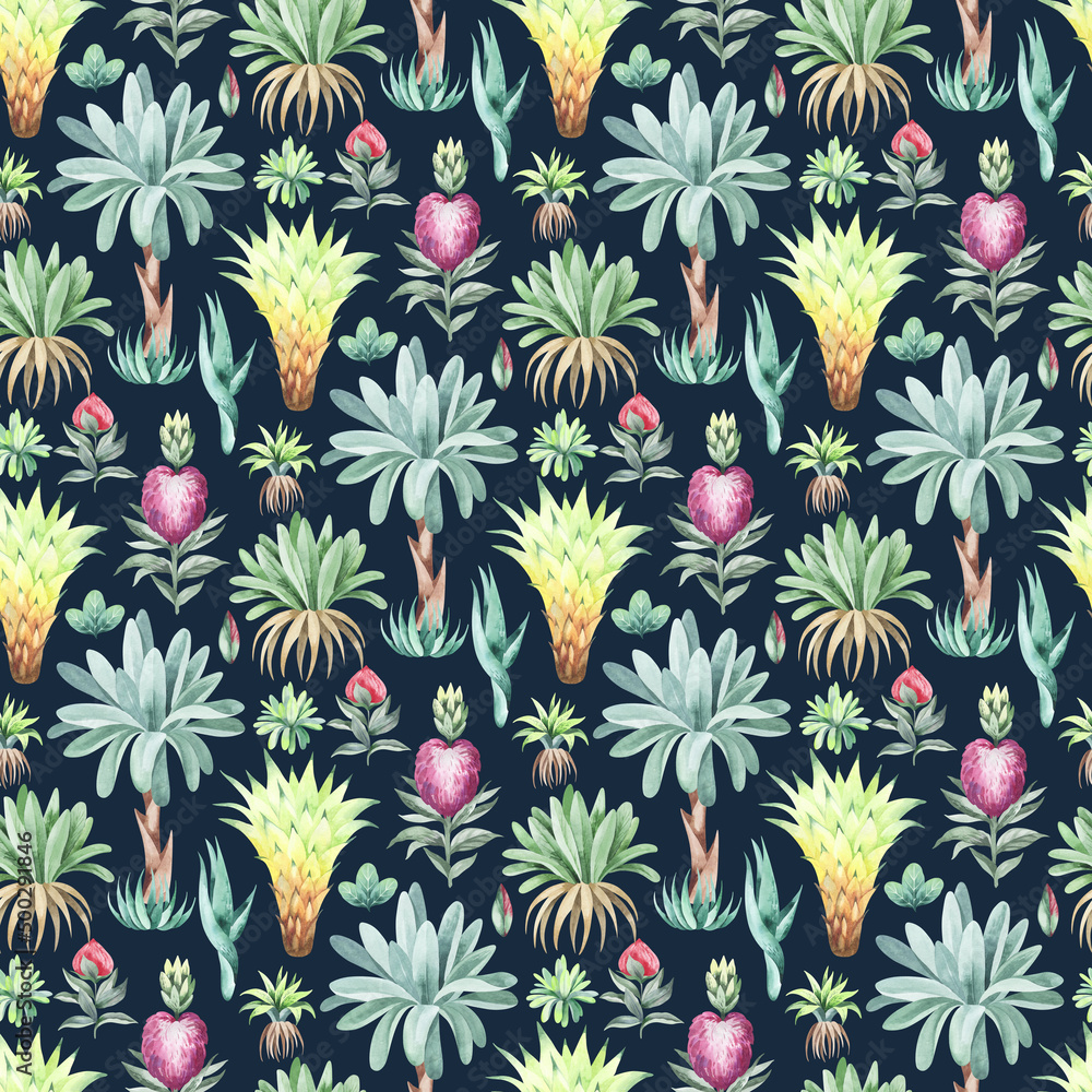 Fototapeta watercolor seamless pattern. floral background tropical blooming flowers and leaves with Australian animals and birds. Plants, animals and flowers of Australia. for fabric, textile, packaging, childre