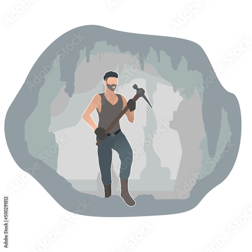 Miner in a cave with a pickaxe in his hands, vector in the style of paper cut. Curved background