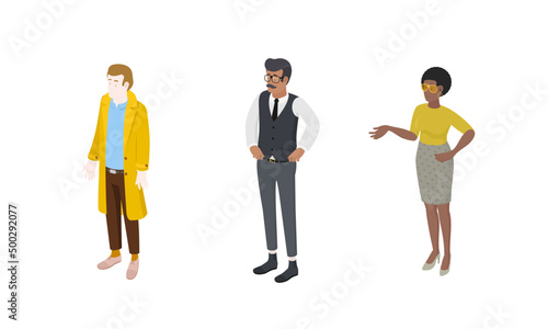 Set of different isometric people on white. Vector illustration flat design isolated. Male and female characters. Office and casual clothes. 