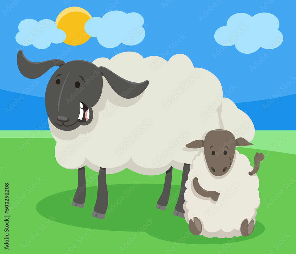 funny cartoon sheep farm animal character with little lamb funny cartoon sheep farm animal character with little lamb