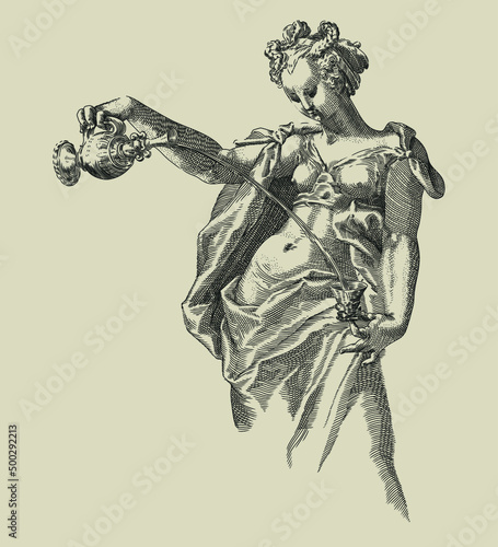 Fragment of an engraving from the Renaissance. A young girl with a jug and a bowl in her hand pours water.
