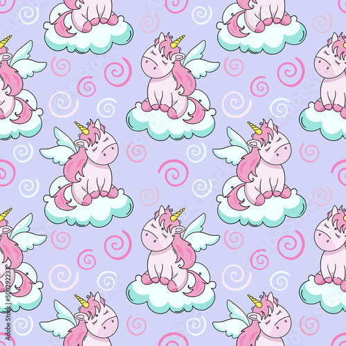 Cute cartoon unicorn, vector seamless pattern in the style of doodles, hand-drawn