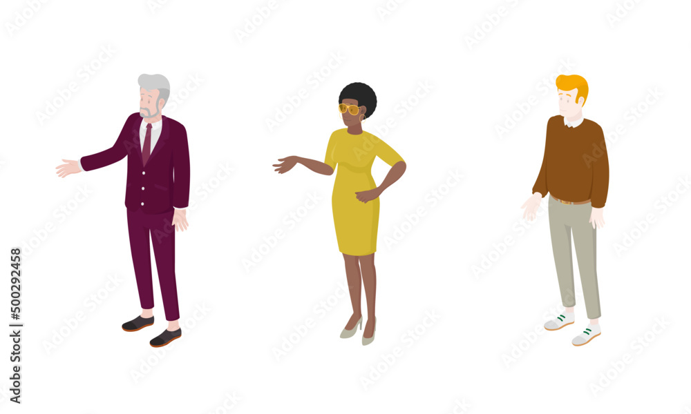 Set of different isometric people on white. Vector illustration flat design isolated. Male and female characters. Office and casual clothes. Set of different isometric people on white. Vector illustration flat design isolated. Male and female characters. Office and casual clothes.