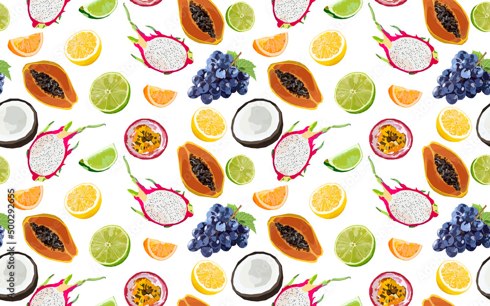 Big tropical fruit mix seamless pattern. illustration with exotic juicy fruit. Feijoa, aronge, papaya, pitaya, lime, lemon, grape set. Nice colorful summer picture for fabric, wallpaper Big tropical fruit mix seamless pattern. illustration with exotic juicy fruit. Feijoa, aronge, papaya, pitaya, lime, lemon, grape set. Nice colorful summer picture for fabric, wallpaper