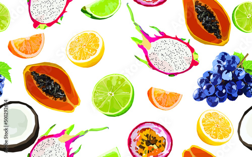 summer trendy vector seamless pattern. Exotic fruit slice. Textile fabric swimwear graphic design for print isolated on white.