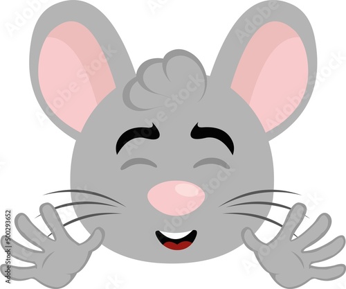 Vector illustration of the face of a cartoon mouse with a happy expression and waving with his hands