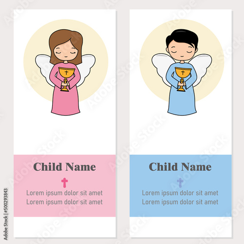 Two communion or baptism cards for a boy and a girl. Angels with chalice in hand