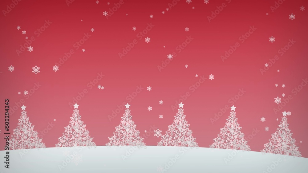 Merry Christmas and Happy New Year concept. Winter snowfall on a red background. 3d rendering