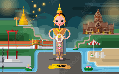 Thailand travel concept The Most Beautiful Places To Visit In Thailand in flat style in flat design color.