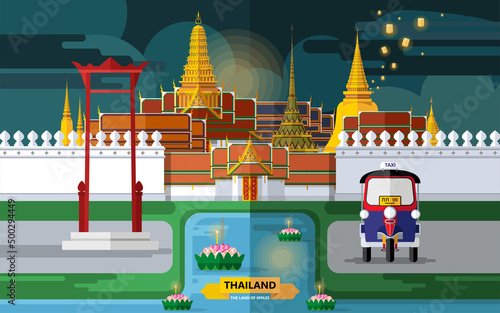 Thailand travel concept The Most Beautiful Places To Visit In Thailand in flat style in flat design color.