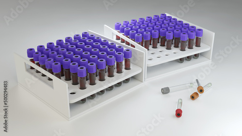 Tubo para toma de muestra. Ilustración 3D de tubo vacutainer. Laboratorio de análisis clínicos. Muestra sanguínea.