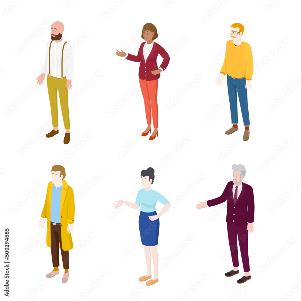 Set of different isometric people on white. Vector illustration flat design isolated. Male and female characters. Office and casual clothes Set of different isometric people on white. Vector illustration flat design isolated. Male and female characters. Office and casual clothes