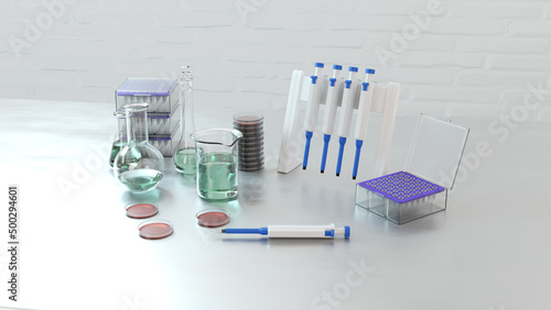 Material de laboratorio cl  nico. Reactivos y herramientas para estudios cl  nicos. Render 3d de herramientas y reactivos.