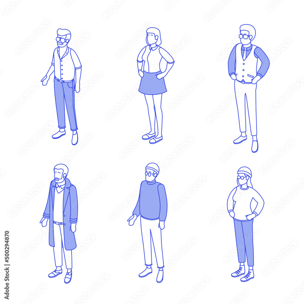 Set of different isometric people on white. Vector illustration flat design isolated. Male and female characters. Office and casual clothes. Outline, linear style, line art. Set of different isometric people on white. Vector illustration flat design isolated. Male and female characters. Office and casual clothes. Outline, linear style, line art.