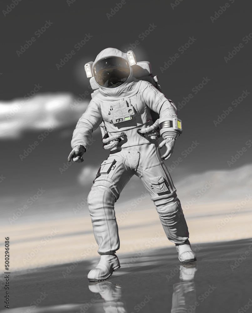 astronaut is discovering water with reflection on water in the desert of another planet after rain astronaut is discovering water with reflection on water in the desert of another planet after rain