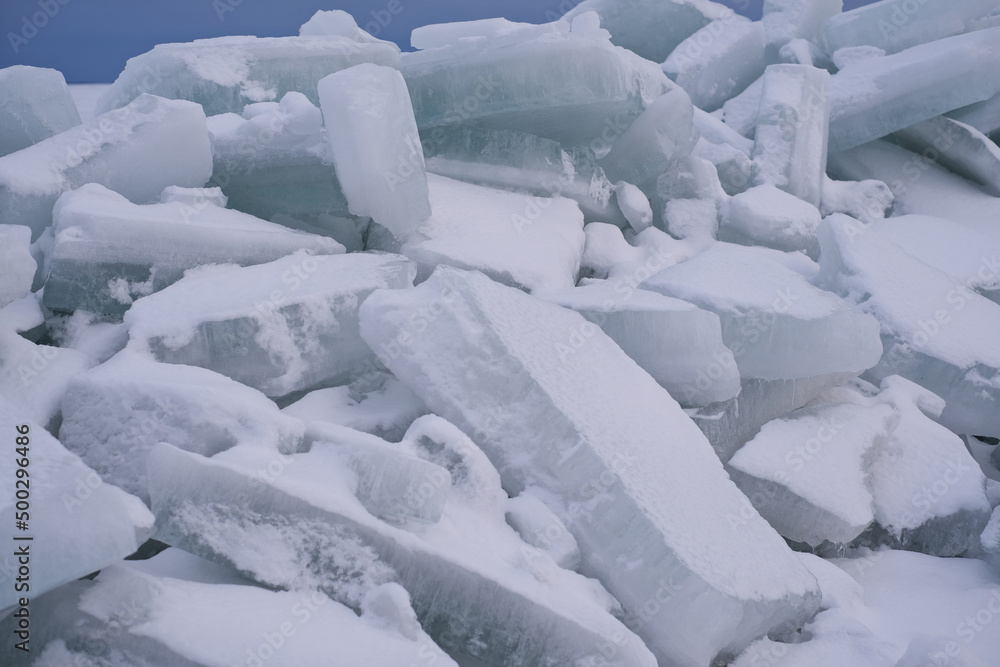 Ice hummocks, a heap of ice fragments on the Baltic Sea, compression of the ice cover