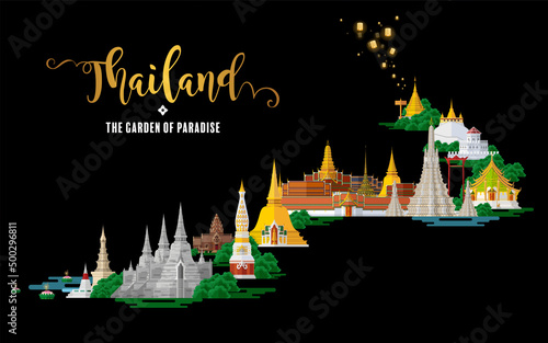 Thailand travel concept The Most Beautiful Places To Visit In Thailand in flat style in flat design color.