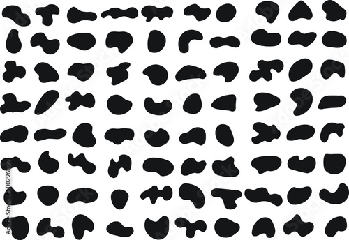 Random shapes. Black blobs, round abstract organic shape collection. Pebble, drops and stone silhouettes. Blotch, inkblot texture vector set