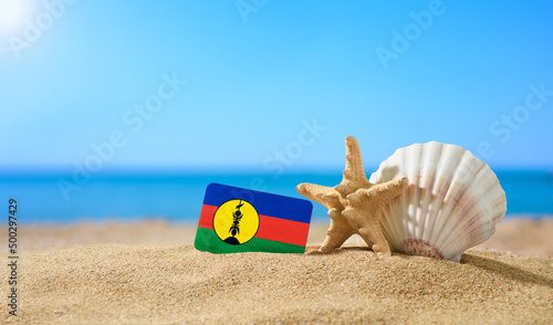 Tropical beach with seashells and New Caledonia flag. The concept of a paradise vacation on the beaches of New Caledonia.