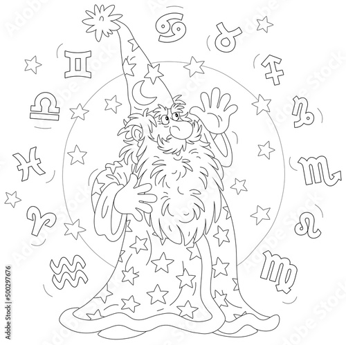 Wizard astrologer reciting magic spells and Zodiac signs of constellations flying around him, black and white outline vector cartoon illustration for a coloring book page