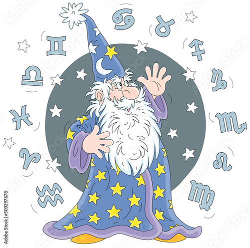 Wizard astrologer reciting magic spells and Zodiac signs of constellations flying around him, vector cartoon illustration isolated on a white background