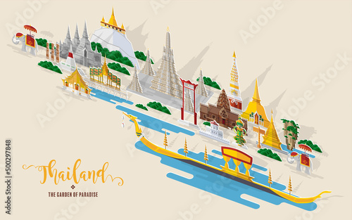 Thailand travel concept The Most Beautiful Places To Visit In Thailand in flat style in flat design color.