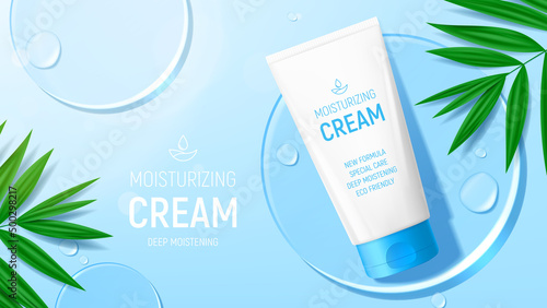 Ad banner with moisturizing face cream. Vector illustration with 3d tube of moisturizing cream, water drops, leaves and glass circles. Mockup of cosmetic product ad. Flatlay background.