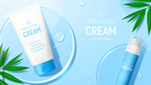 Ad banner with moisturizing face cream products. Vector illustration with 3d bottle and tube of moisturizing cream, drops, leaves and glass circles. Mockup of cosmetic product ad. Flatlay background.