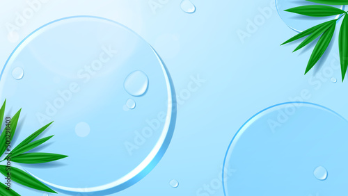 Vector background for cosmetic products presentation. Vector illustration with water drops, leaves and glass circles. Suitable for presentation summer cosmetic or moisturizer. Flatlay background.