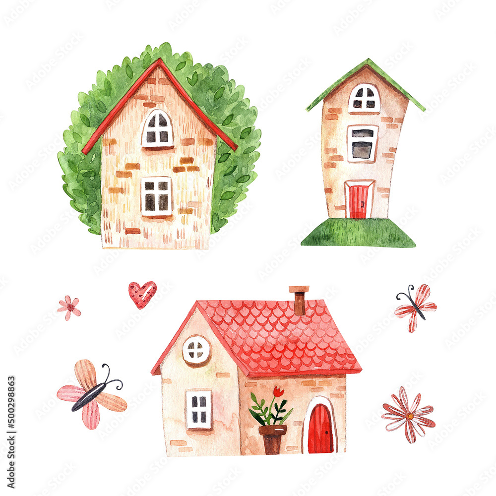 Fototapeta premium Watercolor illustration of summer houses with cake, strawberry, flowers and hearts.