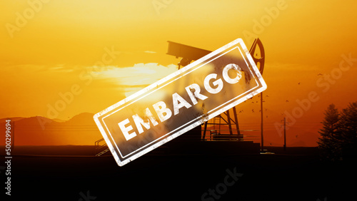 3D Render silhouette of an oil pump jack at sunset with an embargo stamp on it