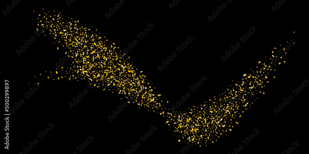 Golden glitter confetti on a black background. Illustration of a drop of shiny particles.