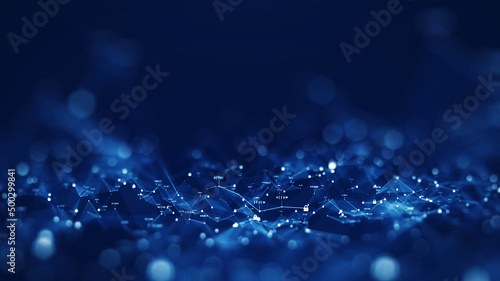 cybersecurity technology background concept internet network connection data protection. Binary code polygons and interconnected small padlocks Center focus, outer blur with dark blue background.