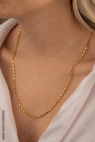 Silver and Gold Jewelry Necklace on Young Woman's Neck