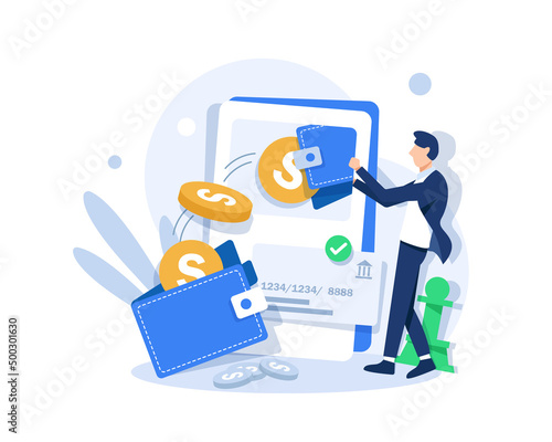 Characters paying online and receiving bonus money or reward back on credit card. Cashback, financial savings and money refund concept