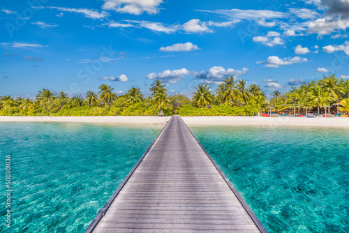 Beautiful tropical nature landscape, wooden jetty over ocean lagoon into paradise island nature. Amazing summer vacation scenic, island beach, coast. Palm trees, sand, cloudy sky. Tranquil relax view