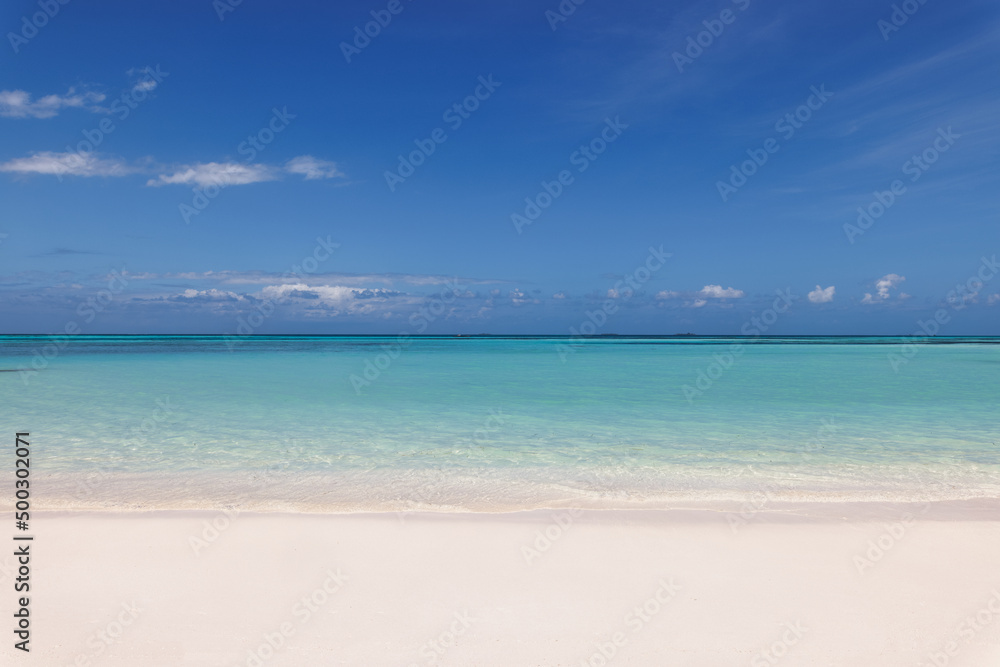 Sea sand sky beach closeup. Panoramic landscape. Inspire tropical beach coast seascape horizon. Horizon waves surf shore calmness tranquil relaxing sunlight summer mood. Vacation travel holiday banner