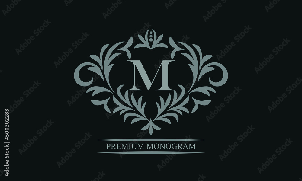 Exquisite logo design with letter M. Sign template for restaurant, royalty, boutique, cafe, hotel, heraldic, jewelry, fashion.