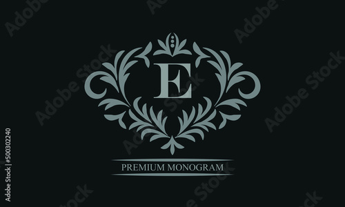Exquisite logo design with letter E. Sign template for restaurant, royalty, boutique, cafe, hotel, heraldic, jewelry, fashion.
