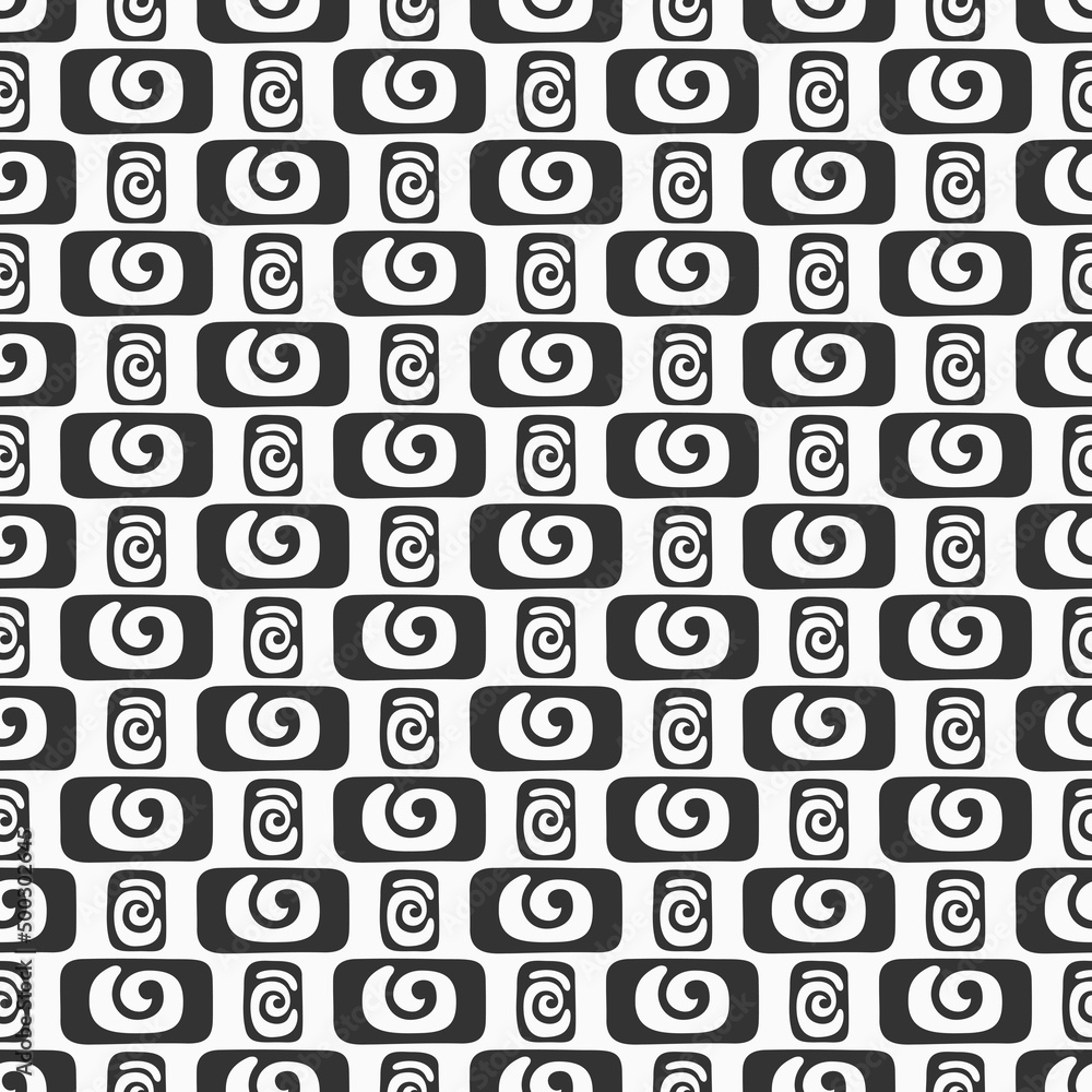 Abstract vector hand drawn tiles seamless pattern. Tiles with spiral curls. Repeating ornament. Black and white background. For wrapping, paper cover, textile, fabric, cloth. Abstract vector hand drawn tiles seamless pattern. Tiles with spiral curls. Repeating ornament. Black and white background. For wrapping, paper cover, textile, fabric, cloth.