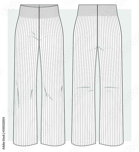 Wide knitted trousers made of rib. Technical sketch. Vector illustration.