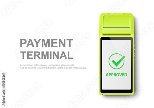 Vector Realistic 3d Green Touch Mobile Payment Machine. POS Terminal Closeup Isolated on White. Design Template of Bank Payment Wireless Contactless Terminal, Mockup. Payments device. Top View