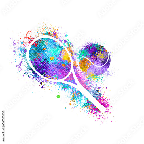 Quadro em tela Watercolor Tennis Bat and ball on white background