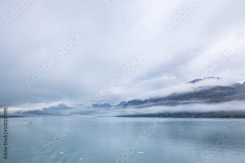 Ice chunks in the water and mountain background at Glacier Bay, Alaska, USA 