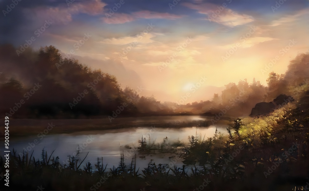 a painting of a river in the morning with the sun shining through the fog