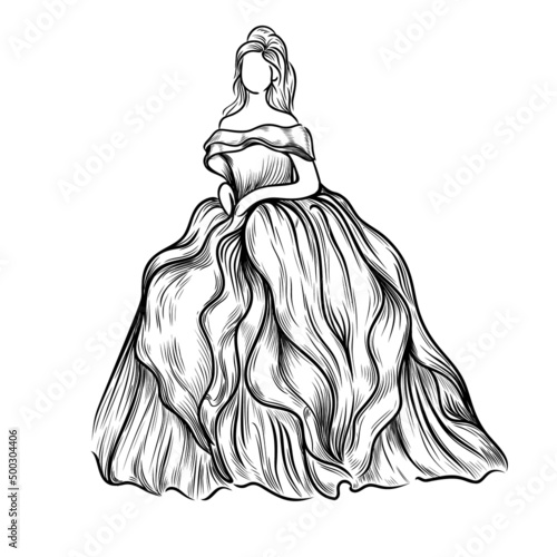 Girl in a long dress sketch. Fashion illustration.Hand drawn vector illustration isolated on a white background