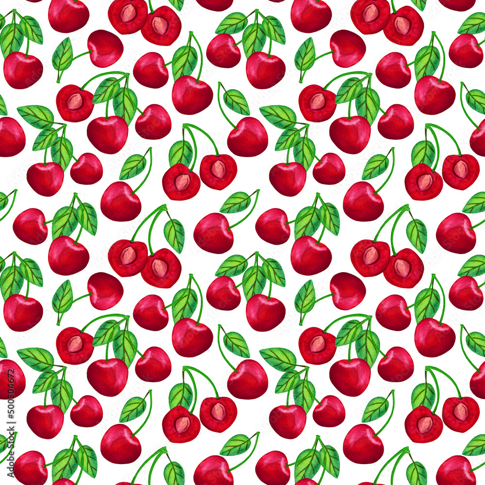 Sour cherry watercolor seamless pattern. Big painted red berry isolated on white background. Summer garden harvesting illustration for textile, fabric, print design, calendar, wrapping paper Sour cherry watercolor seamless pattern. Big painted red berry isolated on white background. Summer garden harvesting illustration for textile, fabric, print design, calendar, wrapping paper