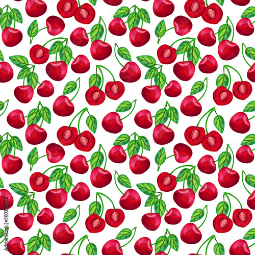 Sour cherry watercolor seamless pattern. Big painted red berry isolated on white background. Summer garden harvesting illustration for textile, fabric, print design, calendar, wrapping paper