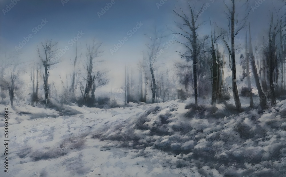 a painting of a snowy landscape with trees a painting of a snowy landscape with trees