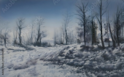 a painting of a snowy landscape with trees